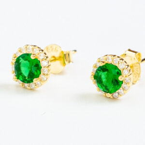 Silver 925 Goldplated Emearal Halo StudsEmerald center stone with clear gem halo.