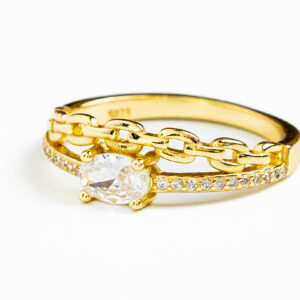 Silver 925 Goldplated Chain-Link Ring with Solitaire Stone
