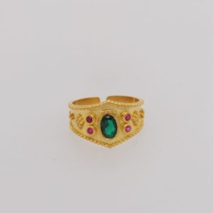 Silver 925 Goldplated with gold 18K ring with green and red gemstones.